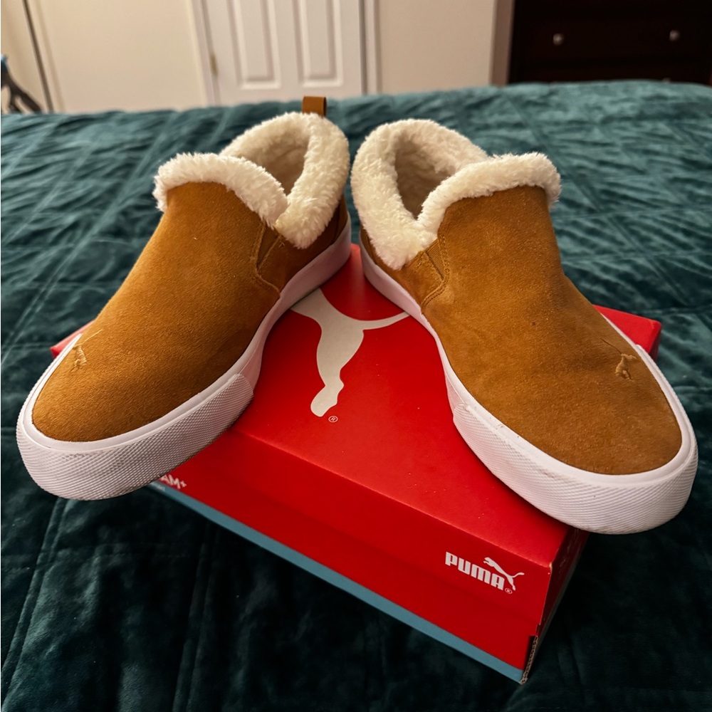 Puma Brown Suede Slip-On Sneakers